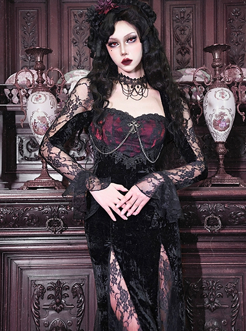 Halloween Gothic Velvet Panel Lace Crucifix Metal Chain Decoration Slim Fit Fishtail Long Sleeve Dress