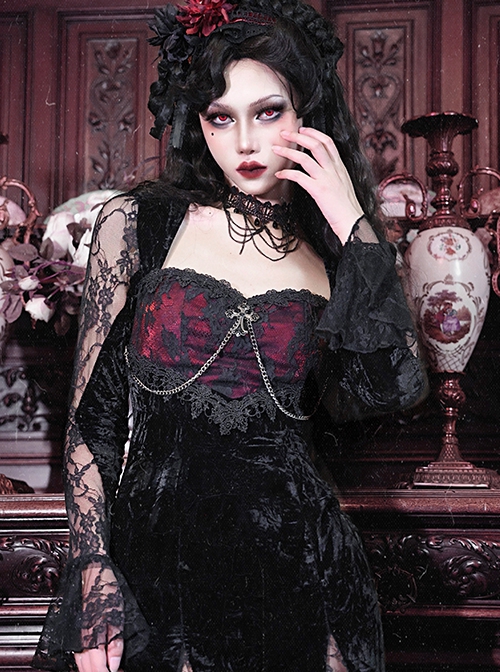 Halloween Gothic Velvet Panel Lace Crucifix Metal Chain Decoration Slim Fit Fishtail Long Sleeve Dress