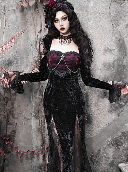 Halloween Gothic Velvet Panel Lace Crucifix Metal Chain Decoration Slim Fit Fishtail Long Sleeve Dress