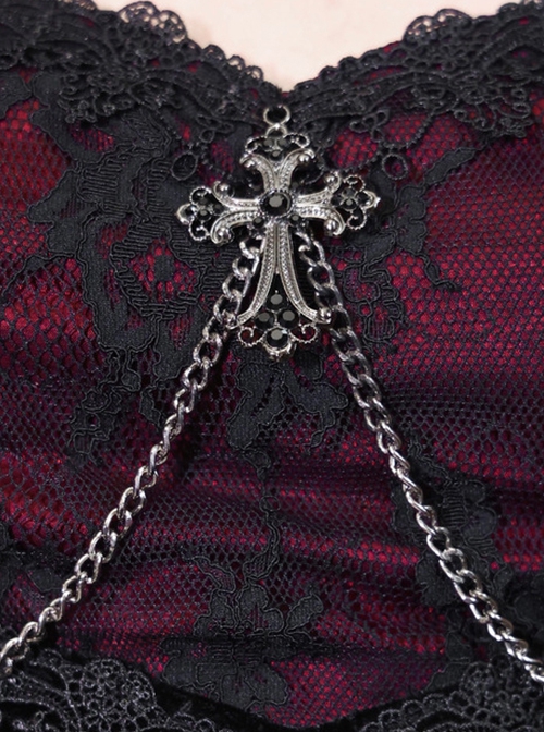 Halloween Gothic Velvet Panel Lace Crucifix Metal Chain Decoration Slim Fit Fishtail Long Sleeve Dress