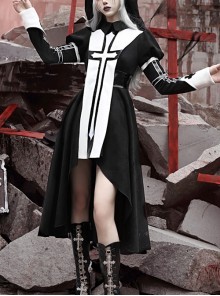 Gothic Style Black White Stand Collar PU Patent Leather Stitching Crucifix Design Short Front Long Back Hem Halloween Long-Sleeved Dress