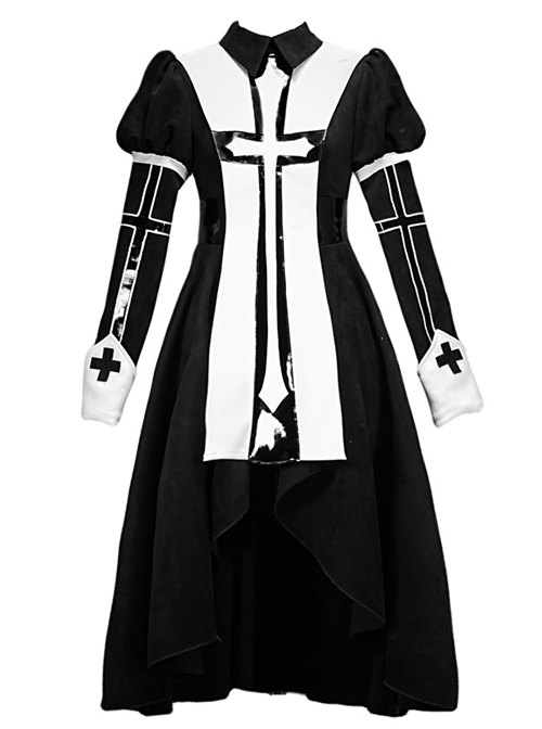 Gothic Style Black White Stand Collar PU Patent Leather Stitching Crucifix Design Short Front Long Back Hem Halloween Long-Sleeved Dress