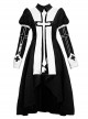 Gothic Style Black White Stand Collar PU Patent Leather Stitching Crucifix Design Short Front Long Back Hem Halloween Long-Sleeved Dress
