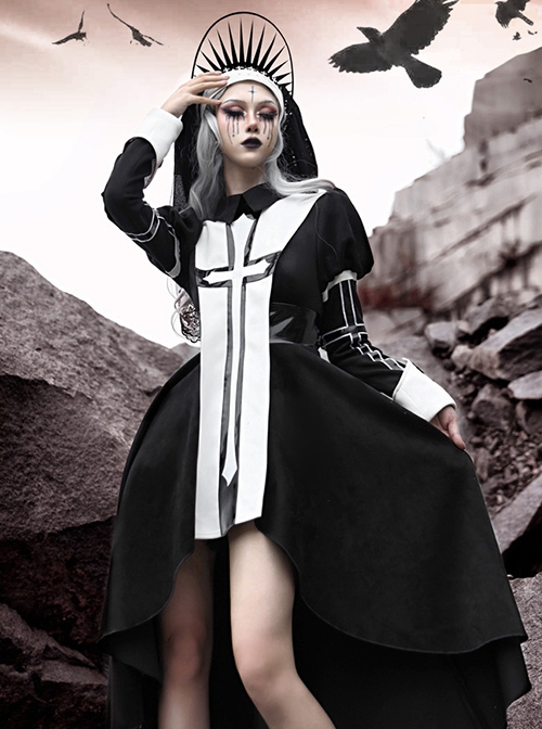 Gothic Style Black White Stand Collar PU Patent Leather Stitching Crucifix Design Short Front Long Back Hem Halloween Long-Sleeved Dress