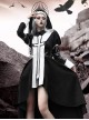 Gothic Style Black White Stand Collar PU Patent Leather Stitching Crucifix Design Short Front Long Back Hem Halloween Long-Sleeved Dress