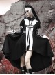 Gothic Style Black White Stand Collar PU Patent Leather Stitching Crucifix Design Short Front Long Back Hem Halloween Long-Sleeved Dress