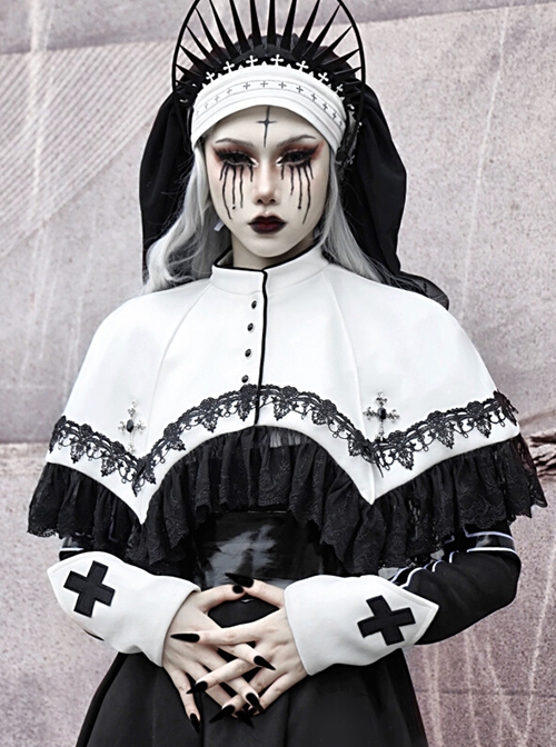 High Neck Black Gem Crucifix Decoration Ruffled Lace Simple Halloween Gothic Short Cloak