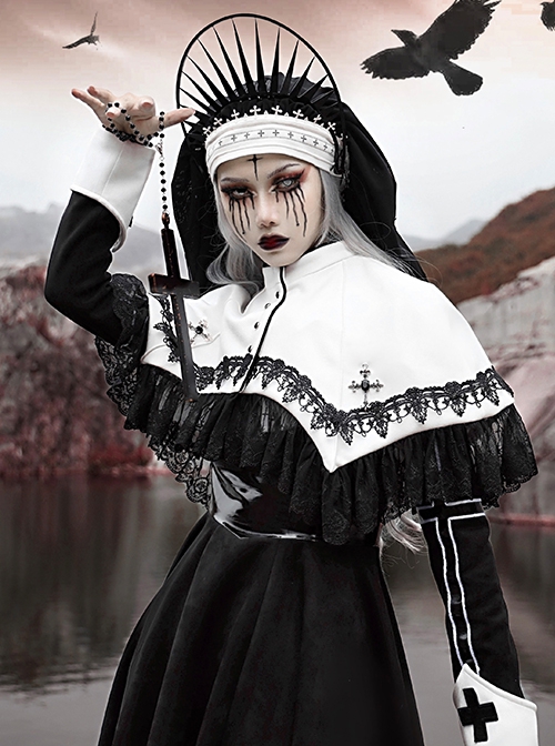 High Neck Black Gem Crucifix Decoration Ruffled Lace Simple Halloween Gothic Short Cloak