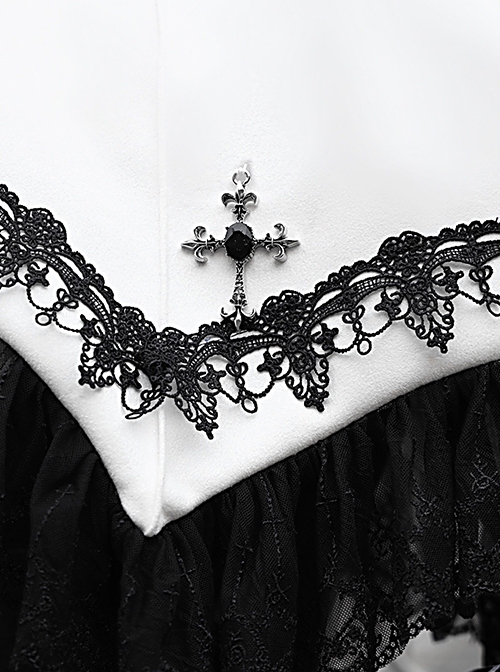 High Neck Black Gem Crucifix Decoration Ruffled Lace Simple Halloween Gothic Short Cloak