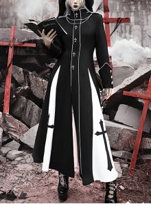 Gothic Turtleneck Halloween Black Crucifix Nun Style Detachable Metal Chain Autumn Winter Long-Sleeved Coat