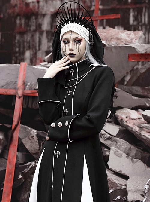 Gothic Turtleneck Halloween Black Crucifix Nun Style Detachable Metal Chain Autumn Winter Long-Sleeved Coat