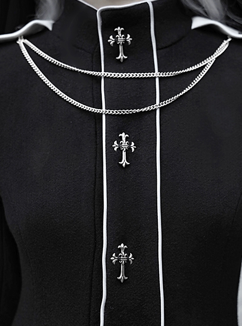 Gothic Turtleneck Halloween Black Crucifix Nun Style Detachable Metal Chain Autumn Winter Long-Sleeved Coat