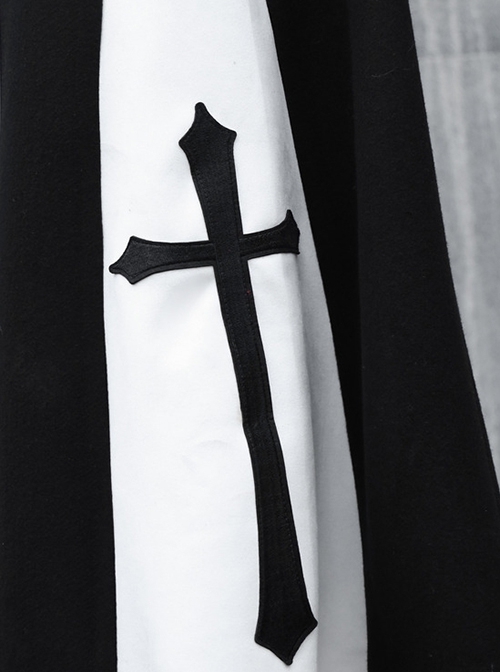 Gothic Turtleneck Halloween Black Crucifix Nun Style Detachable Metal Chain Autumn Winter Long-Sleeved Coat