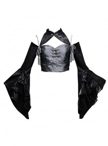 Chinese Style Stand Collar Shoulder Hollow Totem Print Fringe Embellished Halloween Punk Long-Sleeve Top