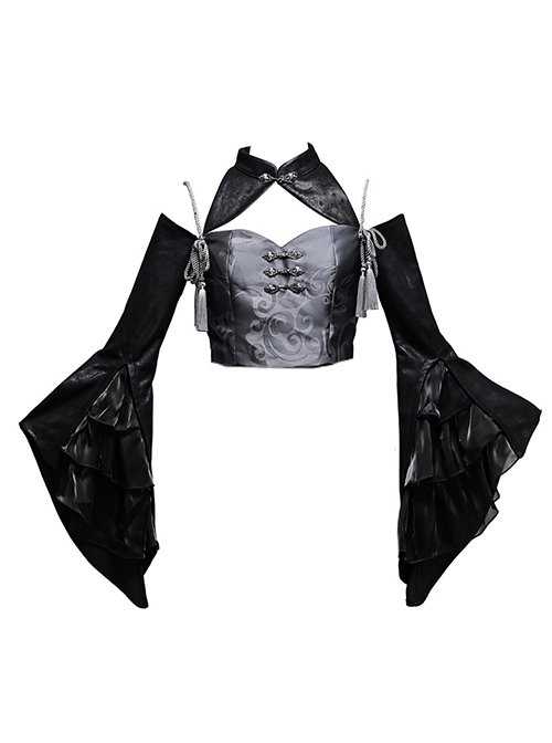 Chinese Style Stand Collar Shoulder Hollow Totem Print Fringe Embellished Halloween Punk Long-Sleeve Top