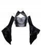 Chinese Style Stand Collar Shoulder Hollow Totem Print Fringe Embellished Halloween Punk Long-Sleeve Top