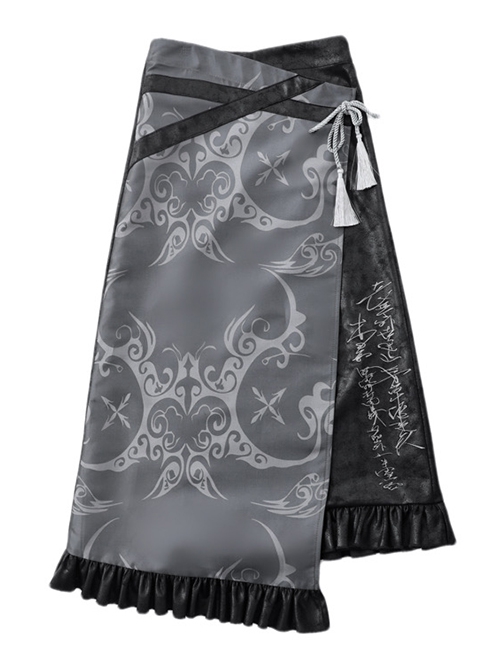 Punk Embroidered Totem Print Ruffle Asymmetric Hem Fringe Decorate Halloween Skirt