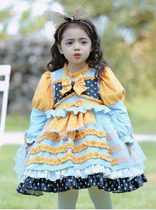 Yellow-Blue Stitching Heart Polka Dots Lace Puff Sleeves Velvet Ruffles Classic Lolita Bow Kids Long-Sleeved Dress