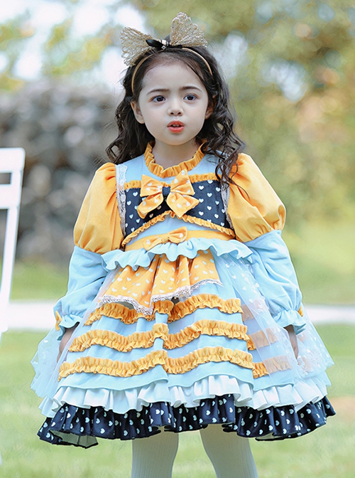 Yellow-Blue Stitching Heart Polka Dots Lace Puff Sleeves Velvet Ruffles Classic Lolita Bow Kids Long-Sleeved Dress