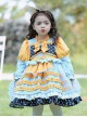 Yellow-Blue Stitching Heart Polka Dots Lace Puff Sleeves Velvet Ruffles Classic Lolita Bow Kids Long-Sleeved Dress