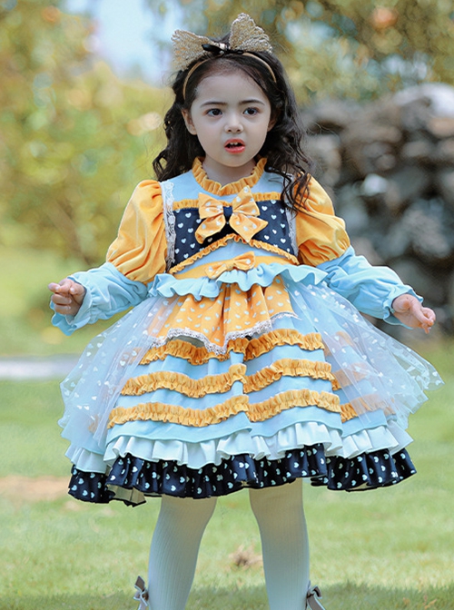 Yellow-Blue Stitching Heart Polka Dots Lace Puff Sleeves Velvet Ruffles Classic Lolita Bow Kids Long-Sleeved Dress