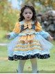 Yellow-Blue Stitching Heart Polka Dots Lace Puff Sleeves Velvet Ruffles Classic Lolita Bow Kids Long-Sleeved Dress