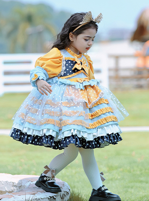 Yellow-Blue Stitching Heart Polka Dots Lace Puff Sleeves Velvet Ruffles Classic Lolita Bow Kids Long-Sleeved Dress
