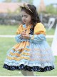 Yellow-Blue Stitching Heart Polka Dots Lace Puff Sleeves Velvet Ruffles Classic Lolita Bow Kids Long-Sleeved Dress