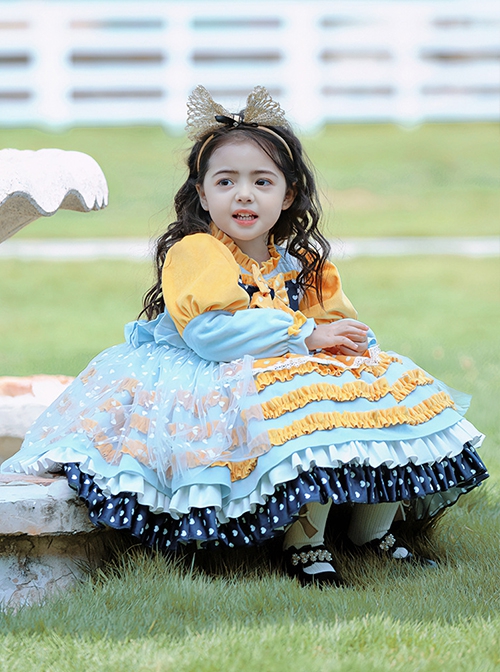 Yellow-Blue Stitching Heart Polka Dots Lace Puff Sleeves Velvet Ruffles Classic Lolita Bow Kids Long-Sleeved Dress