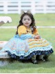 Yellow-Blue Stitching Heart Polka Dots Lace Puff Sleeves Velvet Ruffles Classic Lolita Bow Kids Long-Sleeved Dress