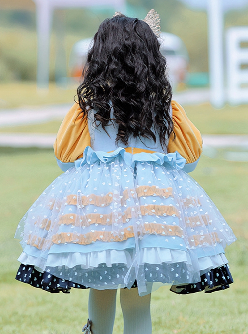 Yellow-Blue Stitching Heart Polka Dots Lace Puff Sleeves Velvet Ruffles Classic Lolita Bow Kids Long-Sleeved Dress