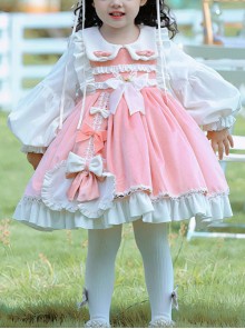 Pink-White Velvet Round Neck Bow Lace Stitching Lantern Sleeves Lotus Leaf Cute Sweet Lolita Kids Autumn Winter Long-Sleeved Dress