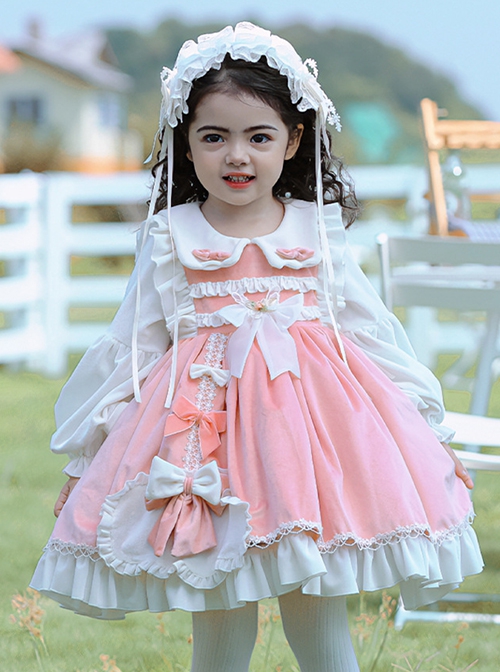 Pink-White Velvet Round Neck Bow Lace Stitching Lantern Sleeves Lotus Leaf Cute Sweet Lolita Kids Autumn Winter Long-Sleeved Dress