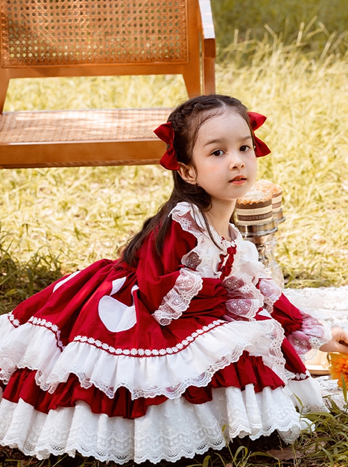 Round Neck Red-White Lace Ruffled Bunny Stitching Lantern Sleeves Classic Lolita Kids Long-Sleeved Dress