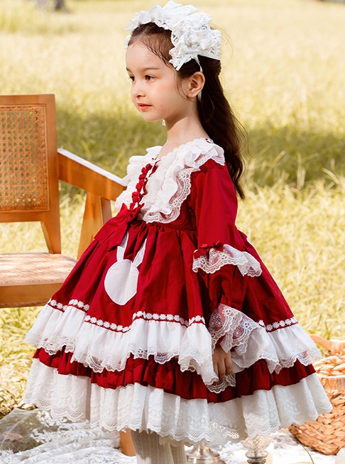 Round Neck Red-White Lace Ruffled Bunny Stitching Lantern Sleeves Classic Lolita Kids Long-Sleeved Dress