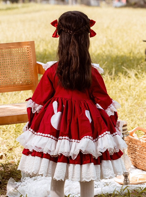 Round Neck Red-White Lace Ruffled Bunny Stitching Lantern Sleeves Classic Lolita Kids Long-Sleeved Dress