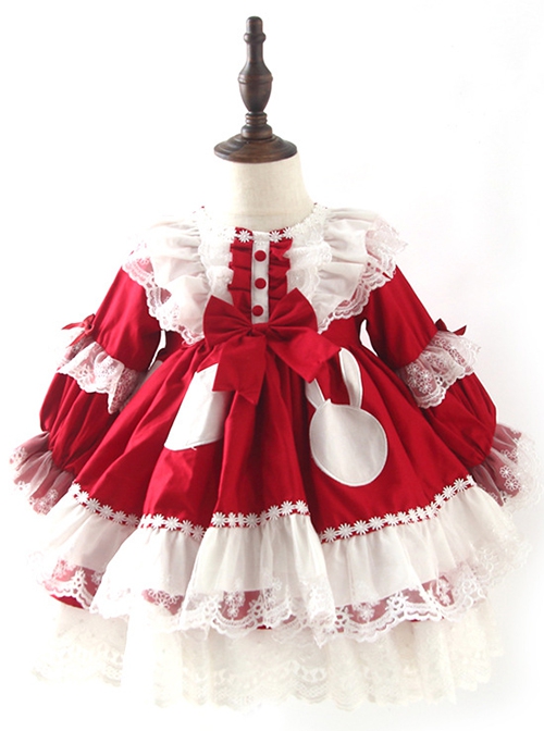 Round Neck Red-White Lace Ruffled Bunny Stitching Lantern Sleeves Classic Lolita Kids Long-Sleeved Dress