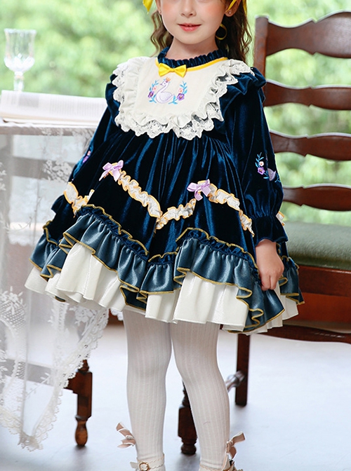 Dark Blue Embroidered Lace Ruffle Irregular Hem Design Bow Decorated Classic Lolita Kids Long Sleeve Dress