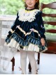 Dark Blue Embroidered Lace Ruffle Irregular Hem Design Bow Decorated Classic Lolita Kids Long Sleeve Dress