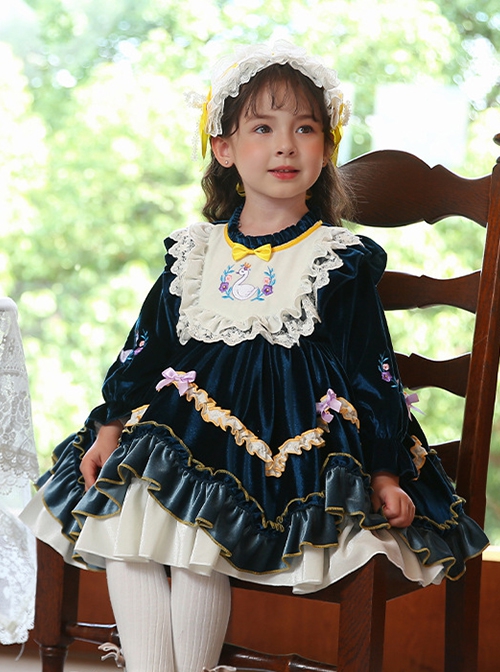 Dark Blue Embroidered Lace Ruffle Irregular Hem Design Bow Decorated Classic Lolita Kids Long Sleeve Dress