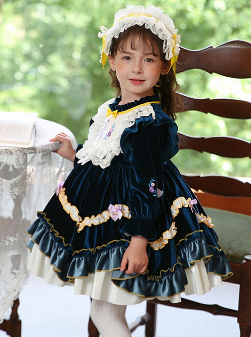 Dark Blue Embroidered Lace Ruffle Irregular Hem Design Bow Decorated Classic Lolita Kids Long Sleeve Dress