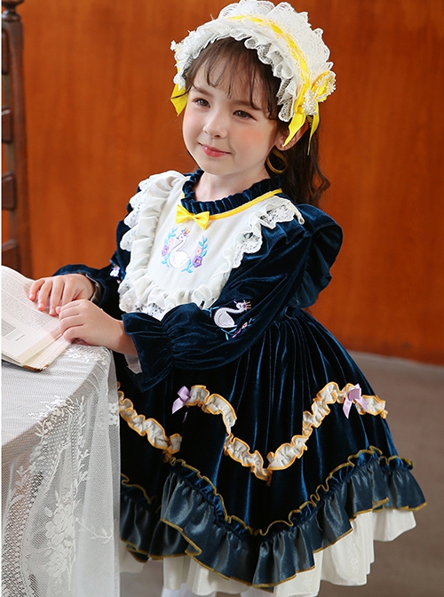 Dark Blue Embroidered Lace Ruffle Irregular Hem Design Bow Decorated Classic Lolita Kids Long Sleeve Dress