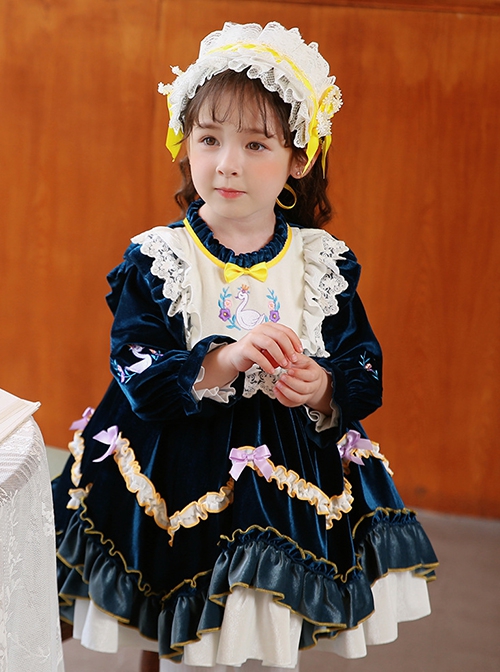 Dark Blue Embroidered Lace Ruffle Irregular Hem Design Bow Decorated Classic Lolita Kids Long Sleeve Dress