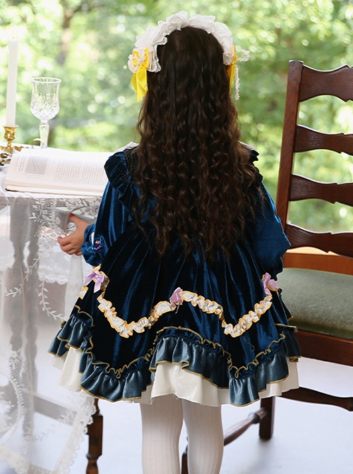 Dark Blue Embroidered Lace Ruffle Irregular Hem Design Bow Decorated Classic Lolita Kids Long Sleeve Dress