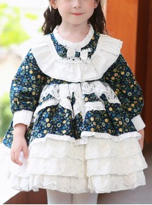 Pastoral Style Floral Lace Multilayer Ruffle Lace Hem Fall Kids Classic Lolita Long Sleeve Dress