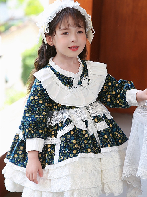 Pastoral Style Floral Lace Multilayer Ruffle Lace Hem Fall Kids Classic Lolita Long Sleeve Dress