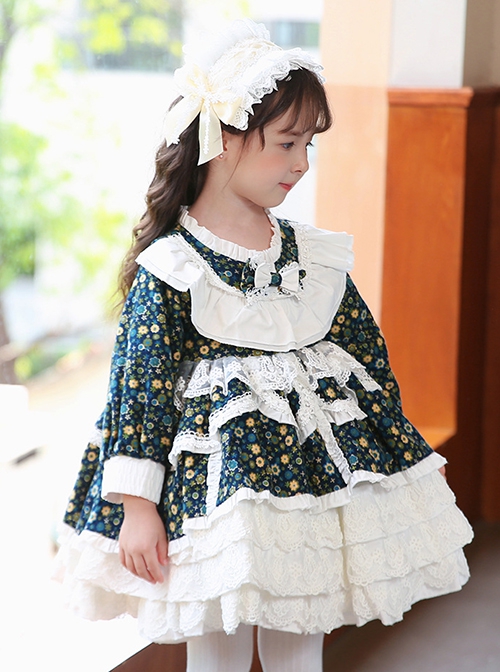 Pastoral Style Floral Lace Multilayer Ruffle Lace Hem Fall Kids Classic Lolita Long Sleeve Dress