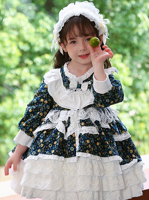 Pastoral Style Floral Lace Multilayer Ruffle Lace Hem Fall Kids Classic Lolita Long Sleeve Dress