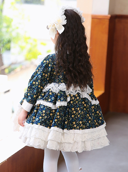 Pastoral Style Floral Lace Multilayer Ruffle Lace Hem Fall Kids Classic Lolita Long Sleeve Dress