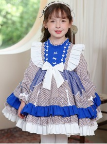 High-Neck Floral High-End Color Matching Spring Autumn Ruffled Bow Classic Lolita Kids Long-Sleeved Dress